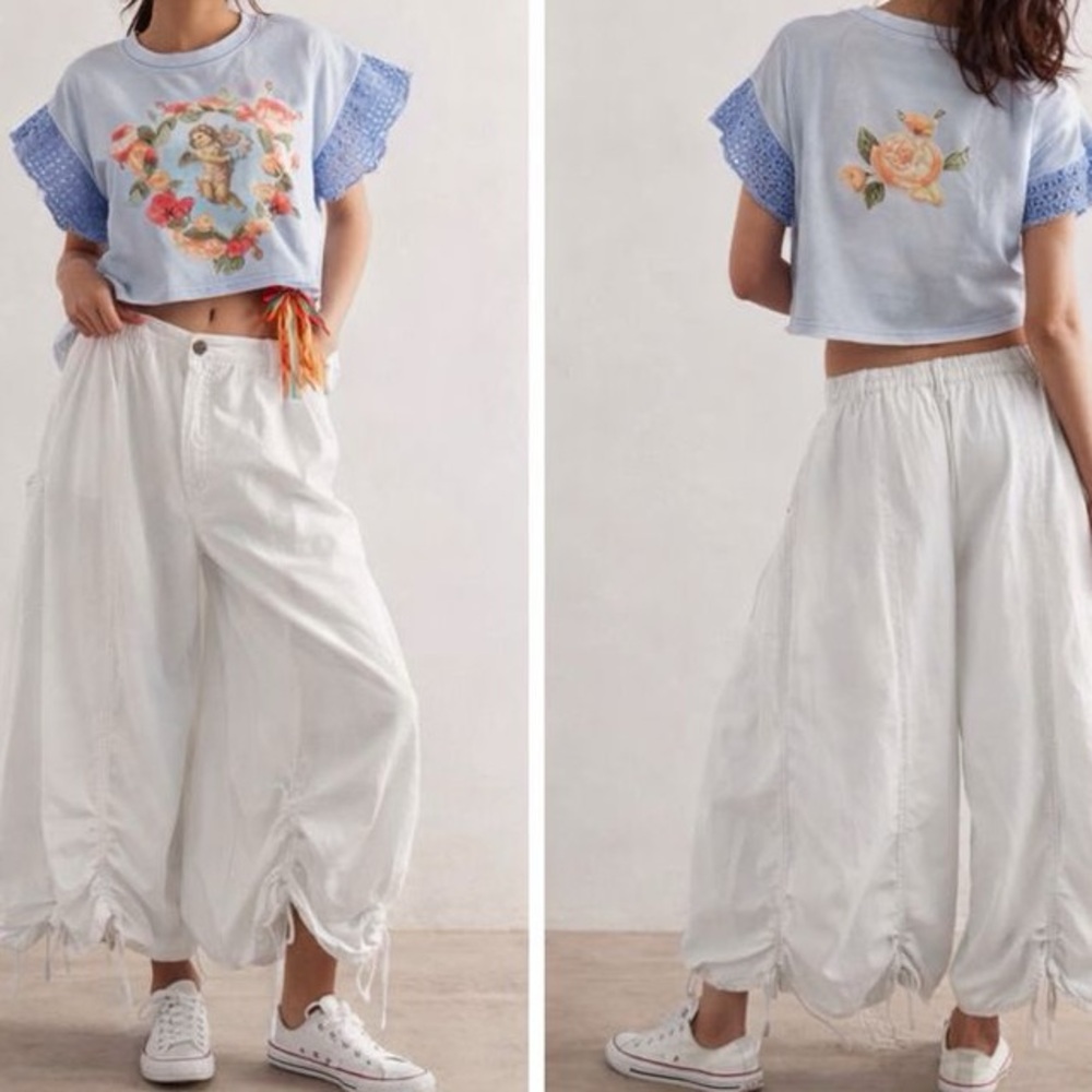 Shabby chic oversized crop Top with cherub embroidery